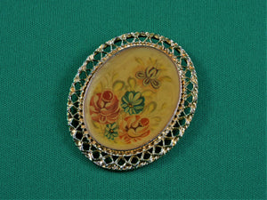 Jewelry - MXB - Brooch - Gold Filigree with Painted Flowers