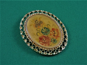 Jewelry - MXB - Brooch - Gold Filigree with Painted Flowers