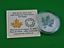 Charger l'image dans la galerie, Currency - Silver Coin - $5 - 2016 - RCM - ANA California State Flower - The Poppy