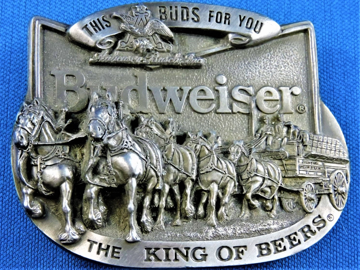 Vtg Budweiser King of Beers Clydesdale Wagon BELT BUCKLE W-42