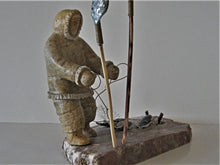 Load image into Gallery viewer, Inuit Art - Inuk Ice Fishing for Arctic Char with Fishing Net and Tools