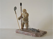 Load image into Gallery viewer, Inuit Art - Inuk Ice Fishing for Arctic Char with Fishing Net and Tools