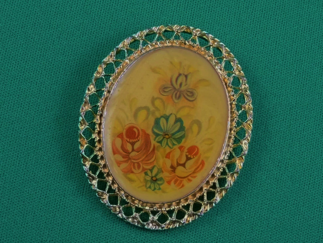 Jewelry - MXB - Brooch - Gold Filigree with Painted Flowers