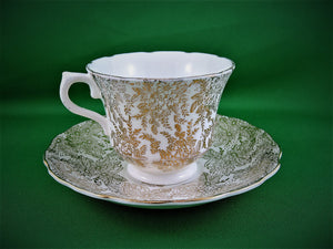 Tea Cup - Vale - Gold Floral Chintz Pattern - Fine Bone China Tea Cup and Matching Saucer