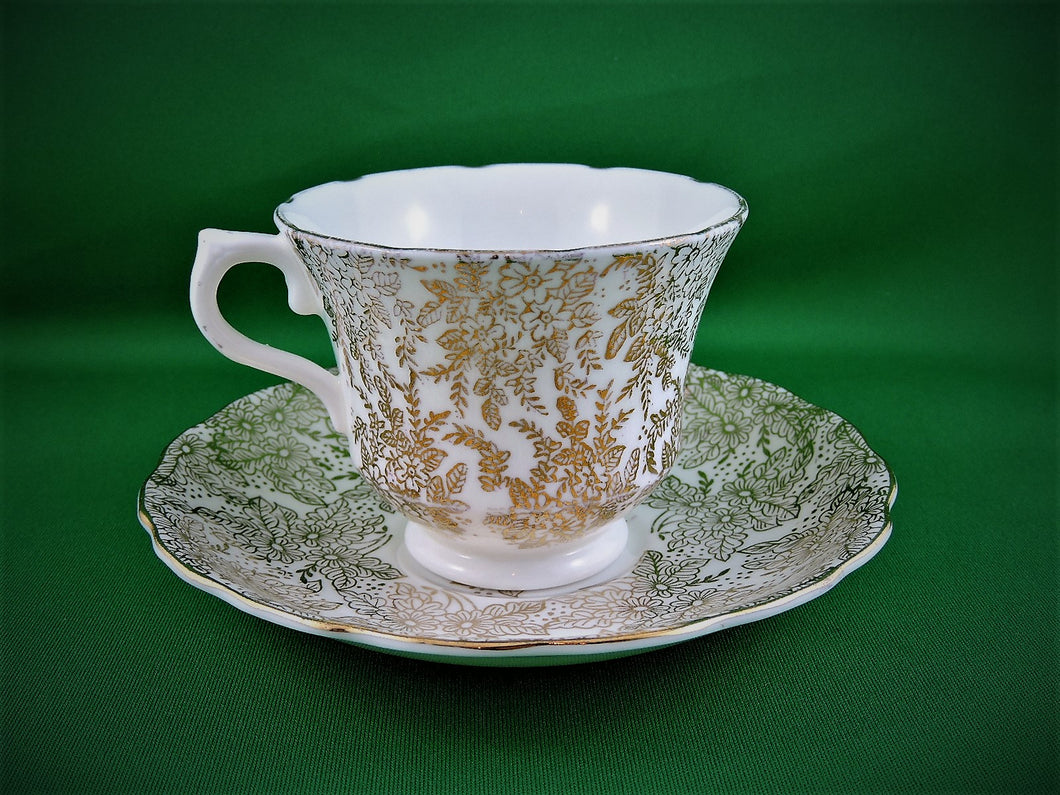 Tea Cup - Vale - Gold Floral Chintz Pattern - Fine Bone China Tea Cup and Matching Saucer