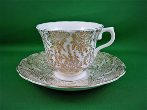 Tea Cup - Vale - Gold Floral Chintz Pattern - Fine Bone China Tea Cup and Matching Saucer