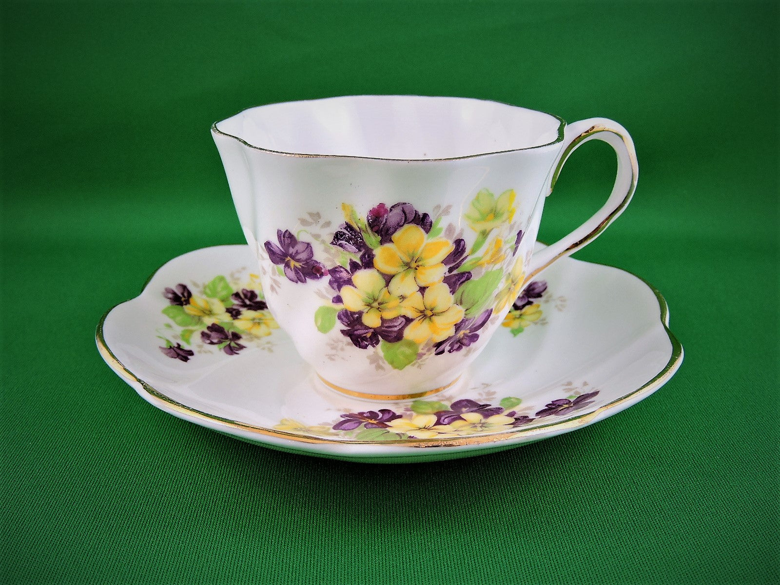 Salisbury Tea Cup and Saucer, Purple and White Flowers, Fancy High Handle,  Gold Gilt Trim, Made in England, Lovely Gift for Her, 1927-1949 