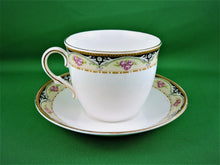 Charger l&#39;image dans la galerie, Tea Cup - Collingwood - White with Pink, Black Cream Bar on Top - China Tea Cup and Matching Saucer
