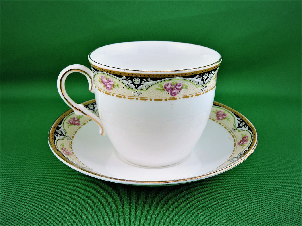 Tea Cup - Collingwood - White with Pink, Black Cream Bar on Top - China Tea Cup and Matching Saucer