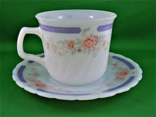 Charger l&#39;image dans la galerie, Tea Cup - Indopal - 12 - Pink Flowers and Mauve Band - Milk Glass Tea Cup and Saucer
