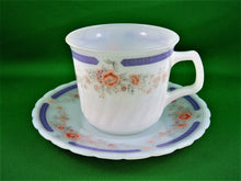 Charger l&#39;image dans la galerie, Tea Cup - Indopal - 12 - Pink Flowers and Mauve Band - Milk Glass Tea Cup and Saucer
