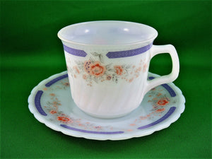 Tea Cup - Indopal - 12 - Pink Flowers and Mauve Band - Milk Glass Tea Cup and Saucer