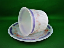 Charger l&#39;image dans la galerie, Tea Cup - Indopal - 12 - Pink Flowers and Mauve Band - Milk Glass Tea Cup and Saucer
