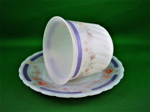 Tea Cup - Indopal - 12 - Pink Flowers and Mauve Band - Milk Glass Tea Cup and Saucer