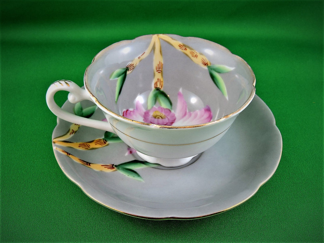 Tea Cup - Shafford Japan - Hand Painted - Grey with Pink Orchid - China Tea Cup and Saucer