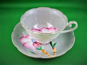 Tea Cup - Shafford Japan - Hand Painted - Grey with Pink Orchid - China Tea Cup and Saucer