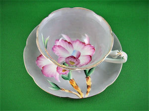 Tea Cup - Shafford Japan - Hand Painted - Grey with Pink Orchid - China Tea Cup and Saucer