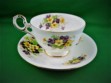 Charger l&#39;image dans la galerie, Tea Cup - Old Royal - #3215 Yellow and Purple Flowers - Fine Bone China Tea Cup and Matching Saucer
