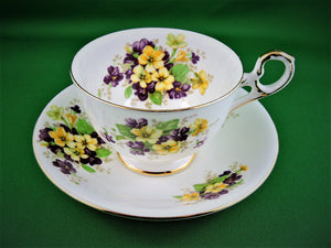 Tea Cup - Old Royal - #3215 Yellow and Purple Flowers - Fine Bone China Tea Cup and Matching Saucer