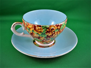 Tea Cup - Royal Leighton Ware - Turquoise with Roses - Fine Bone China Tea Cup and Matching Saucer