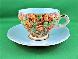 Tea Cup - Royal Leighton Ware - Turquoise with Roses - Fine Bone China Tea Cup and Matching Saucer