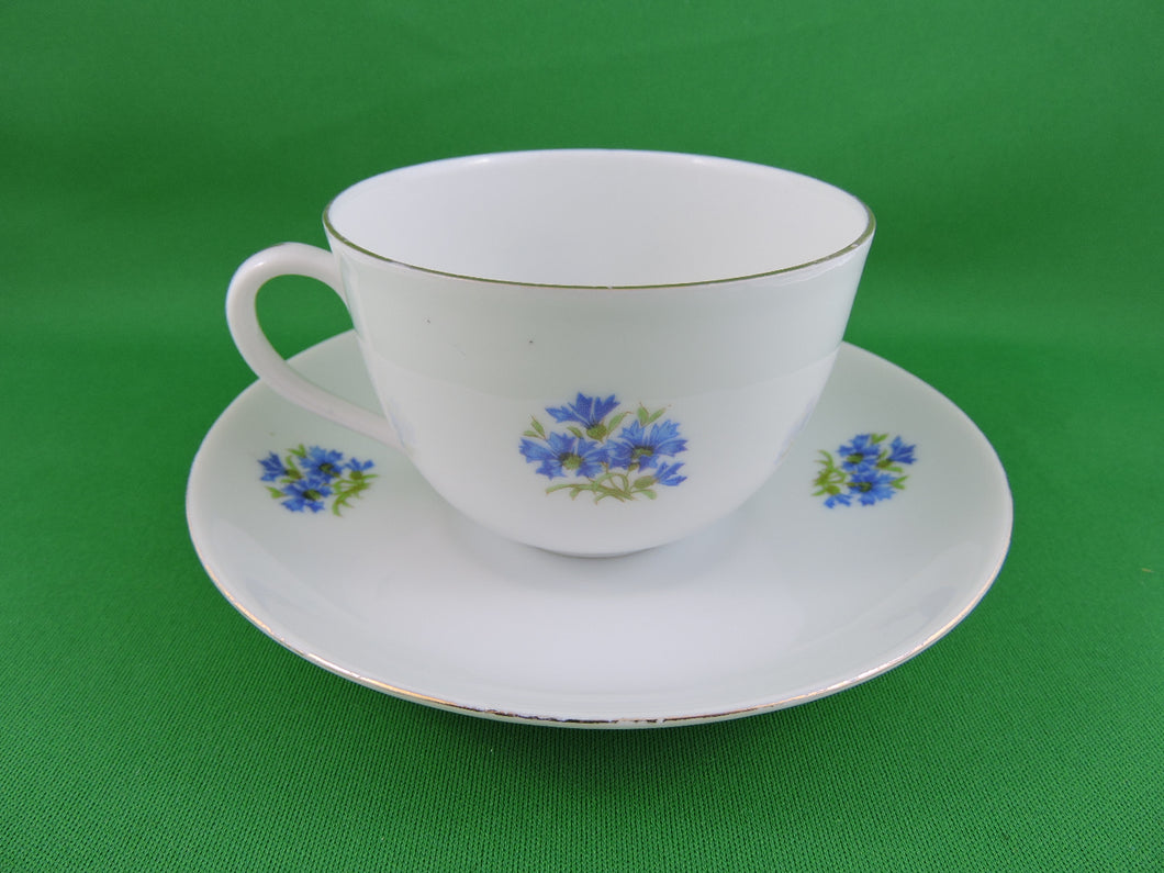 Tea Cup - Victoria - Czecho-Slovakia - White with Blue Flowers - China Tea Cup and Saucer