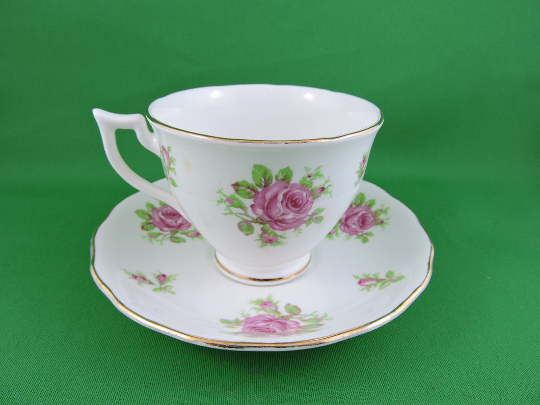 Tea Cup - Melba - White with Pink Roses - Fine Bone China Tea Cup and Matching Saucer