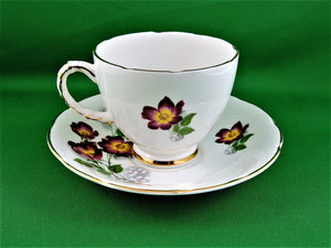 Tea Cup - Delphine - Deep Red Flowers with Yellow Centers - China Tea Cup and Saucer