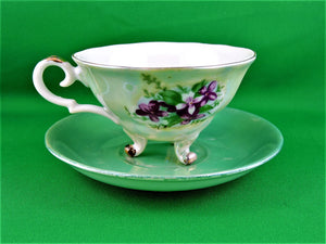 Tea Cup - Made in Japan - Green Toned - 3 Footed - Fine Bone China Tea Cup and Matching Saucer