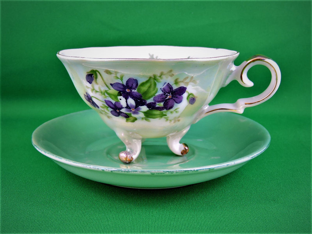 Tea Cup - Made in Japan - Green Toned - 3 Footed - Fine Bone China Tea Cup and Matching Saucer