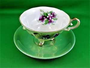 Tea Cup - Made in Japan - Green Toned - 3 Footed - Fine Bone China Tea Cup and Matching Saucer