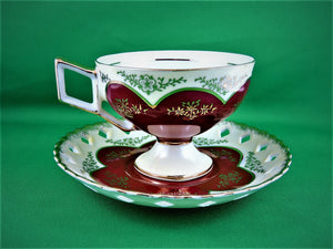 Tea Cup - Made in Japan - Burgundy and Cream with Gold Design - China Tea Cup and Matching Saucer