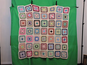 Quilts, Afghans, etc. - Beautiful Crocheted Afghan - Multi-Colored Squares - White Edge
