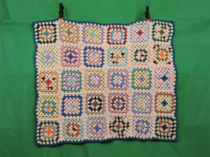 Quilts, Afghans, etc. - Beautiful Crocheted Afghan - Multi-Coloured Squares - Teal Blue Edge