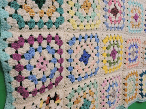 Quilts, Afghans, etc. - Beautiful Crocheted Afghan - Multi-Coloured Squares - Turquoise Edge