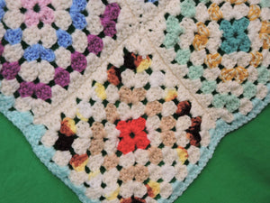Quilts, Afghans, etc. - Beautiful Crocheted Afghan - Multi-Coloured Squares - Turquoise Edge