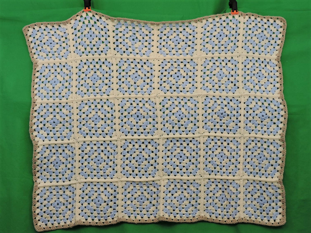 Quilts, Afghans, etc. - Beautiful Crocheted Afghan - Blue and White Squares - Beige Edge