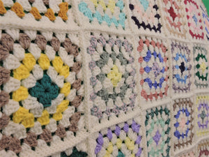 Quilts, Afghans, etc. - Beautiful Crocheted Afghan - Mult-Coloured Squares - Beige Edge