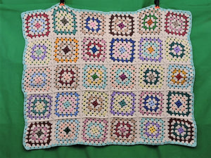 Quilts, Afghans, etc. - Beautiful Crocheted Afghan - Multi-Coloured Squares - Bright Turquoise Edge