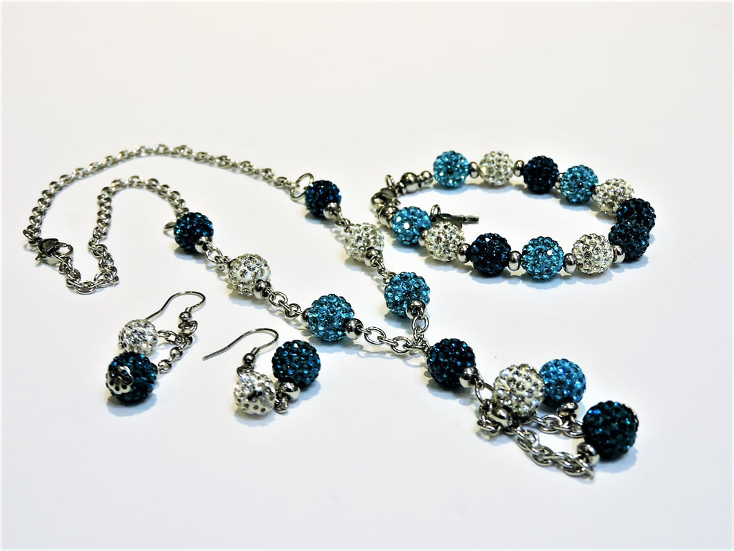 Jewelry - Necklace, Bracelet and Earrings Set - Blue and Silver Crystals