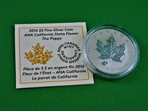 Currency - Silver Coin - $5 - 2016 - RCM - ANA California State Flower - The Poppy