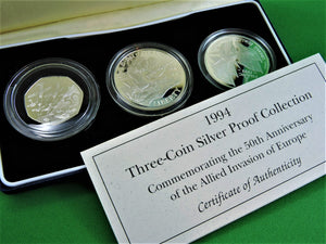 Currency - Coin Set - 1994 - Three-Coin Silver Proof Collection - Commemorating the 50th Anniversary of the Allied Invasion of Europe