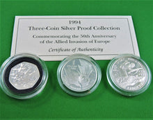 Charger l&#39;image dans la galerie, Currency - Coin Set - 1994 - Three-Coin Silver Proof Collection - Commemorating the 50th Anniversary of the Allied Invasion of Europe
