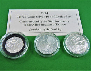 Currency - Coin Set - 1994 - Three-Coin Silver Proof Collection - Commemorating the 50th Anniversary of the Allied Invasion of Europe