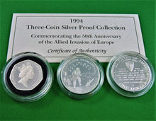 Charger l&#39;image dans la galerie, Currency - Coin Set - 1994 - Three-Coin Silver Proof Collection - Commemorating the 50th Anniversary of the Allied Invasion of Europe
