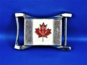 Belt Buckle - Silver with Red Maple Leaf on White Background