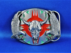 Belt Buckle - Buffalo Skull and Twin Eagles with Red Enamel