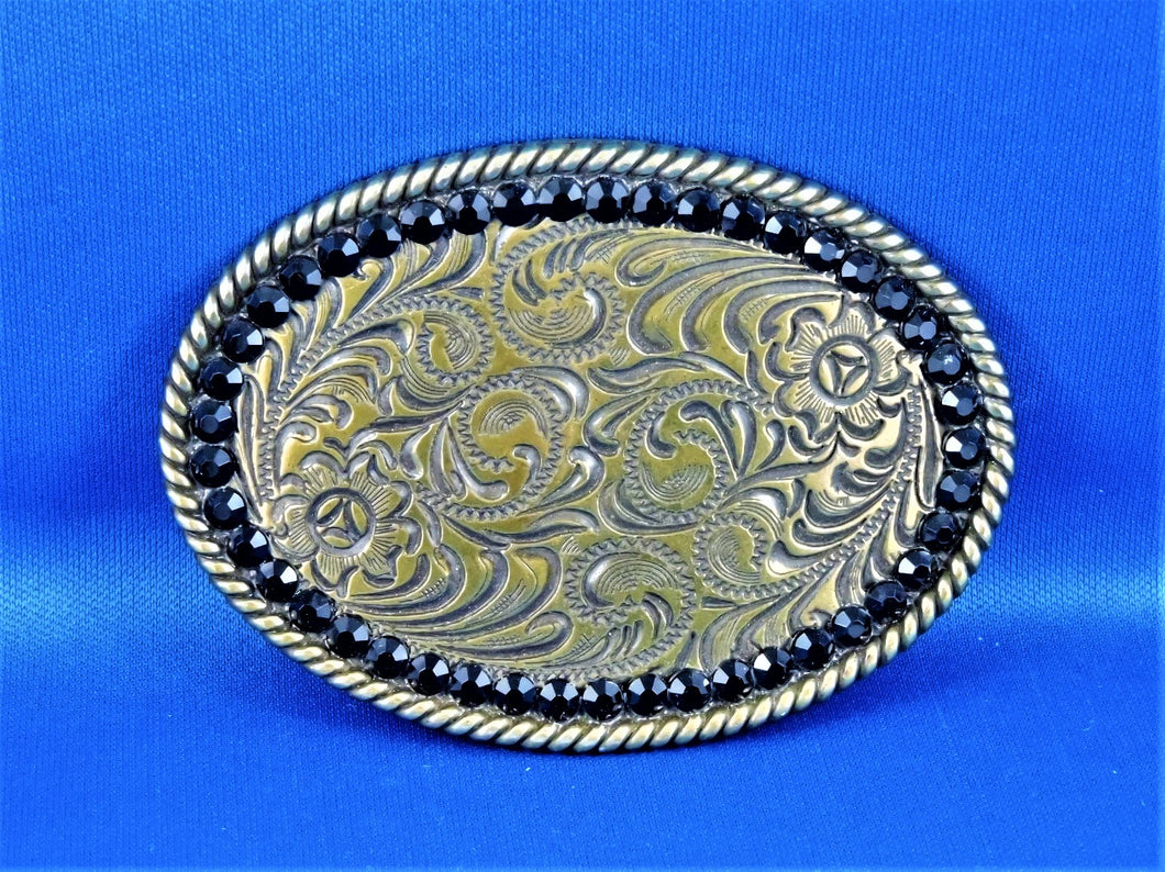 Belt Buckle - Oval Gold Tone Buckle with Black Rhinestones