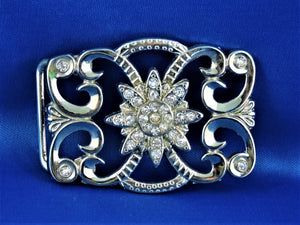 Belt Buckle - Silver Toned Belt Buckle with Clear Crystals