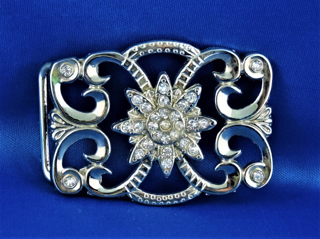 Belt Buckle - Silver Toned Belt Buckle with Clear Crystals